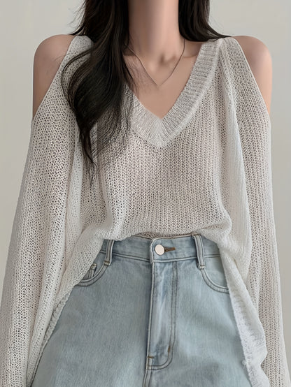 gbolsos Solid V Neck Thin Pullover Sweater, Casual Cold Shoulder Long Sleeve Loose Sweater, Women's Clothing