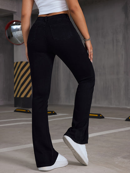 gbolsos  Plus Size Casual Jeans, Women's Plus Solid Button Fly Medium Stretch Flared Leg Jeans