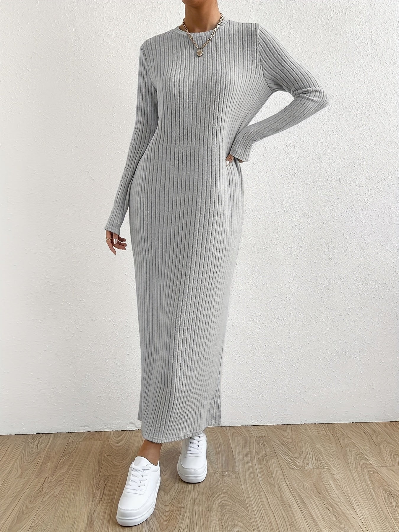 gbolsos  Solid Ribbed Dress, Elegant Crew Neck Long Sleeve Maxi Dress, Women's Clothing