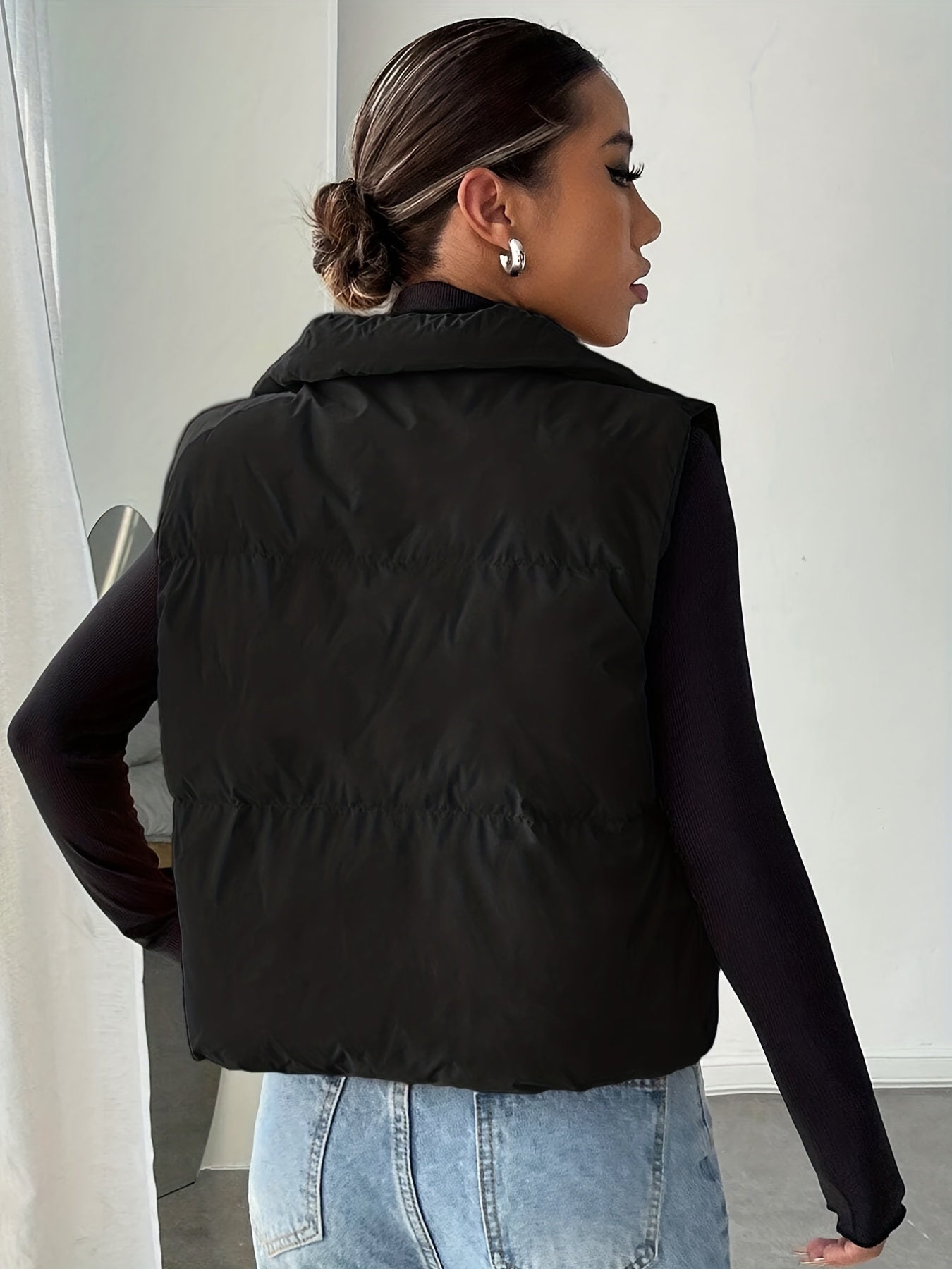 gbolsos  Solid Zip Up Cotton-padded Coat, Casual Sleeveless Outwear, Women's Clothing