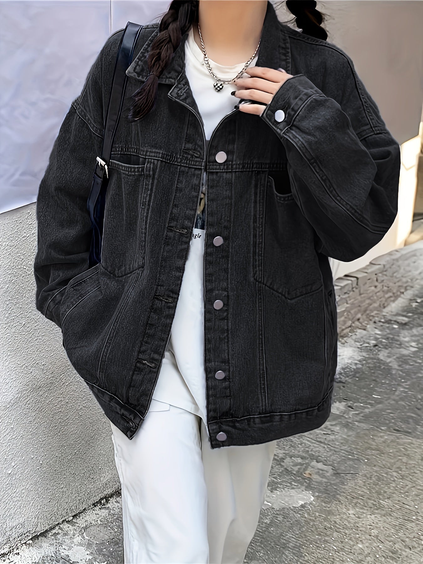 gbolsos  Plain Loose Fit Denim Jackets, Patch Pockets Long Sleeves Lapel Versatile Denim Coats, Women's Denim Clothing
