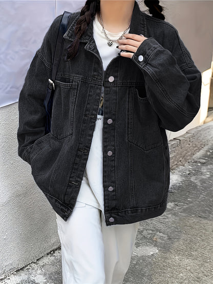 gbolsos  Plain Loose Fit Denim Jackets, Patch Pockets Long Sleeves Lapel Versatile Denim Coats, Women's Denim Clothing
