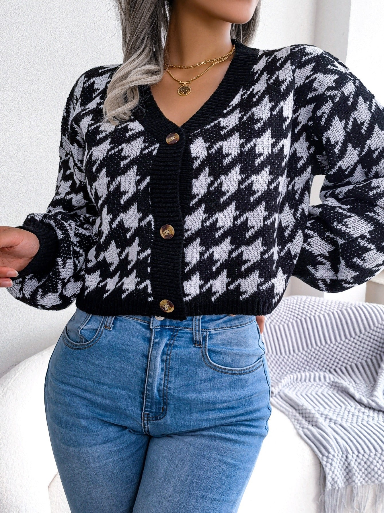 2025 gbolsos  Houndstooth Button Up Cardigan, Long Sleeve V Neck Casual Sweater, Women's Clothing