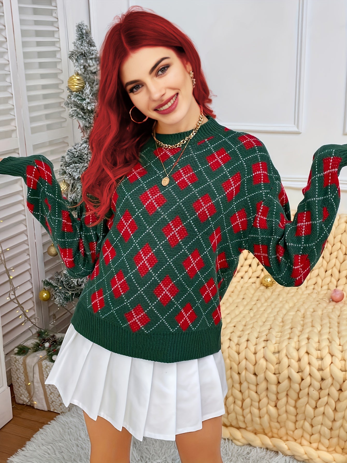 gbolsos  Christmas Pattern Crew Neck Pullover Sweater, Casual Long Sleeve Drop Shoulder Sweater, Women's Clothing