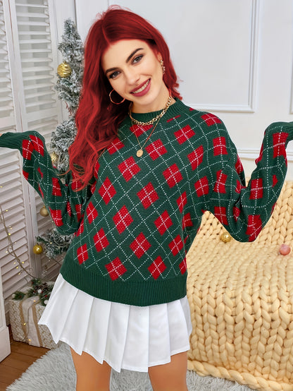 gbolsos  Christmas Pattern Crew Neck Pullover Sweater, Casual Long Sleeve Drop Shoulder Sweater, Women's Clothing