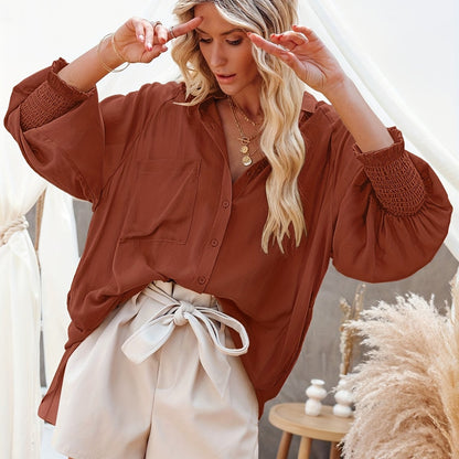 Button Front Pocket Shirred Shirt, Casual Lantern Sleeve Shirt For Spring & Fall, Women's Clothing