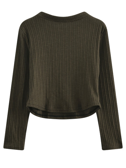 gbolsos Solid Crew Neck Rib Knit Top, Casual Long Sleeve Slim Crop Sweater For Spring & Fall, Women's Clothing