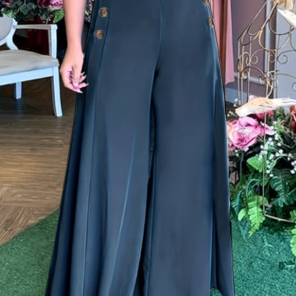 Plus Size Casual Pants, Women's Plus Solid Elastic Button Decor High Rise Loose Fit Wide Leg Trousers