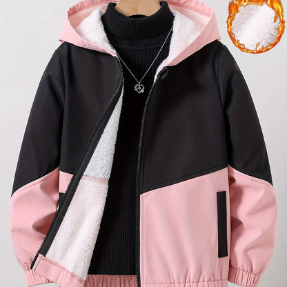 gbolsos  Girls Chevron Color Block Hooded Fleece Lined Windbreaker Jacket For Teen Kids Autumn And Winter