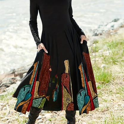 gbolsos  Ethnic Print Midi Dress, Elegant Crew Neck Long Sleeve Dress, Women's Clothing