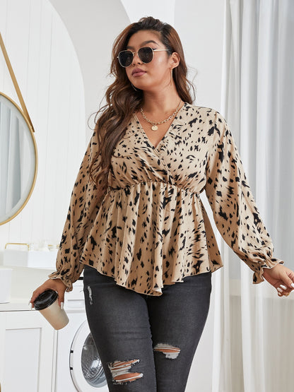 gbolsos  Plus Size Women's Allover Print Criss Cross Neck Flounce Sleeve Peplum Blouse