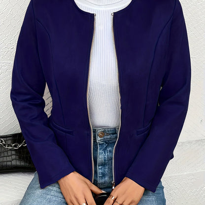 Plus Size Casual Coat, Women's Plus Solid Zip Up Long Sleeve Round Neck Jacket With Pockets