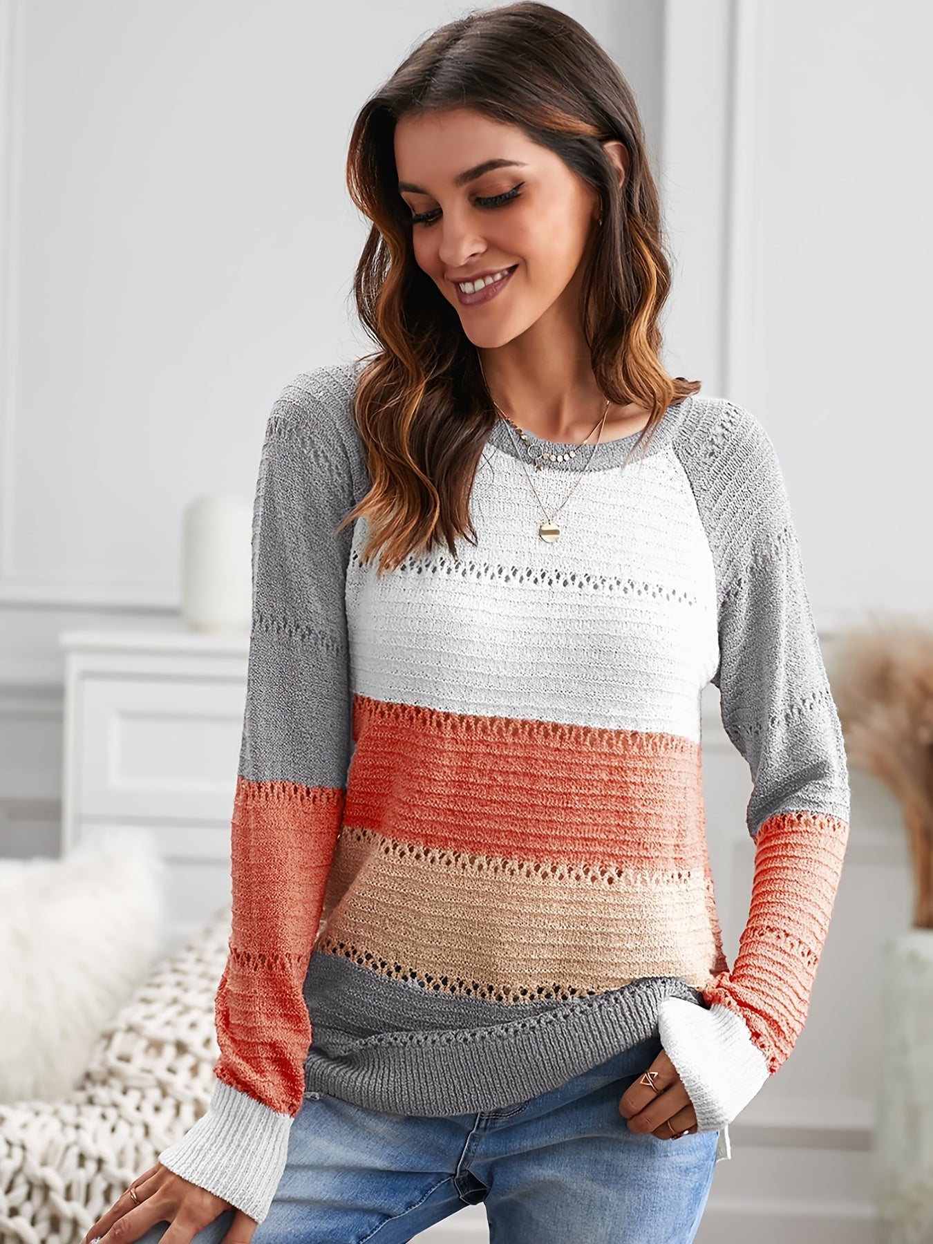 2025 gbolsos  Women's Casual Crew Neck Color Block Sweater, Long Sleeve Fall Winter Sweater, Women's Clothing