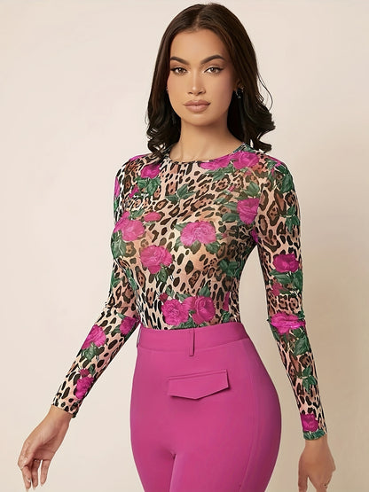 gbolsos  Leopard & Floral Print Crew Neck T-Shirt, Versatile Long Sleeve T-Shirt For Spring & Fall, Women's Clothing
