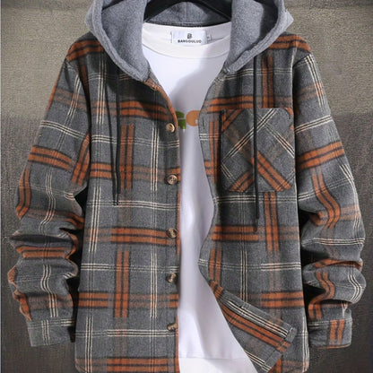 gbolsos  Men's Plaid Long Sleeve Hooded Jacket, Warm Trendy Casual Jacket For Autumn