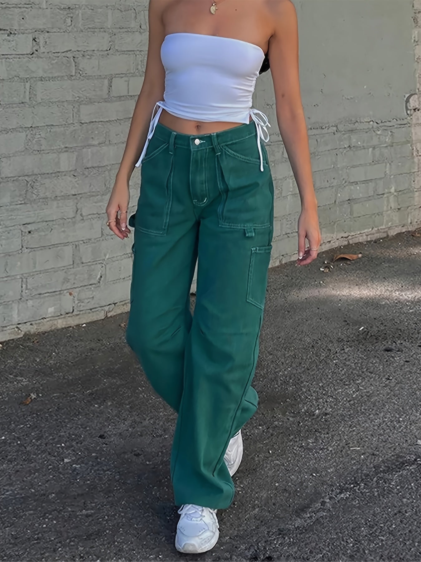 gbolsos High Waist Street Style Straight Jeans, Loose Fit Multi-Pockets Denim Pants, Women's Denim Jeans & Clothing