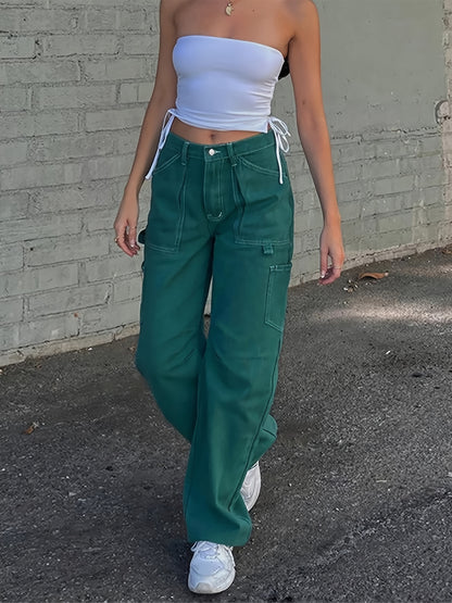 gbolsos High Waist Street Style Straight Jeans, Loose Fit Multi-Pockets Denim Pants, Women's Denim Jeans & Clothing
