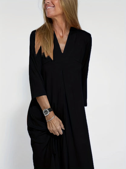 gbolsos  Plus Size Casual Dress, Women's Plus Solid Long Sleeve V Neck Split Hem Maxi Dress