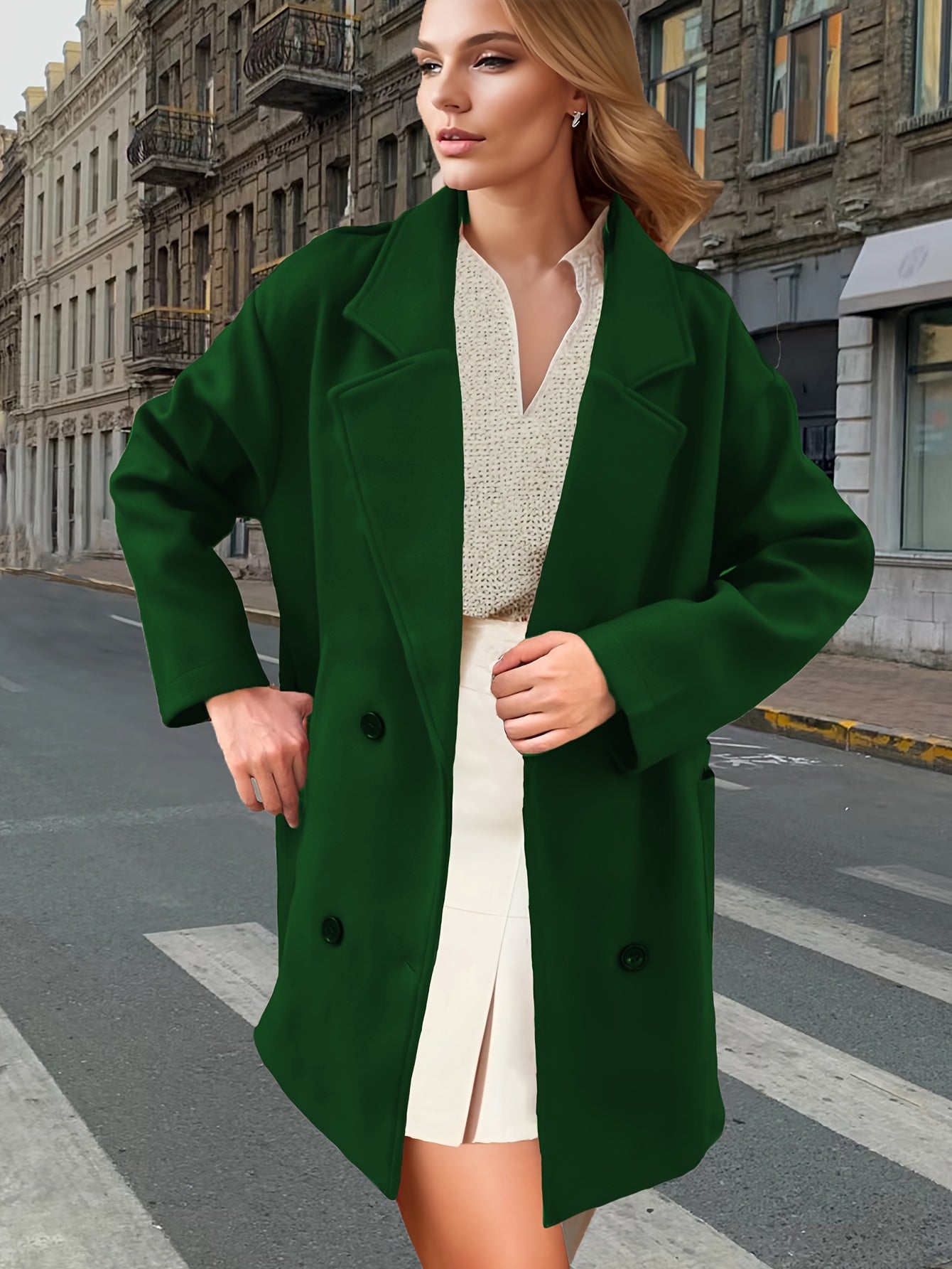 Solid Dual Breasted Notch Collar Overcoat, Casual Long Sleeve Coat For Fall & Winter, Women's Clothing