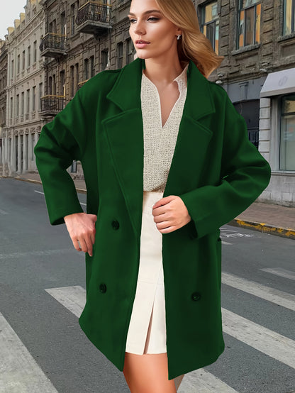 Solid Dual Breasted Notch Collar Overcoat, Casual Long Sleeve Coat For Fall & Winter, Women's Clothing