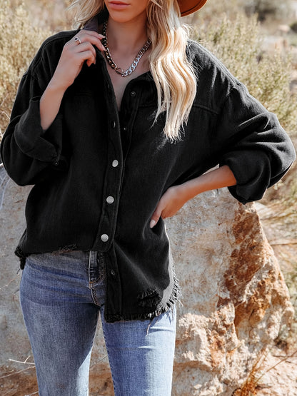 Black Raw Hem Denim Jackets, Long Sleeves Single Breasted Button Lapel Denim Shirt, Women's Denim Clothing