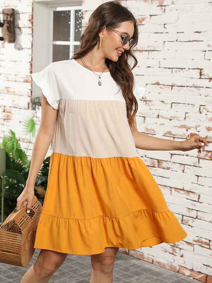 Color Block Ruffle Hem Dress, Casual Crew Neck Short Sleeve Dress, Women's Clothing