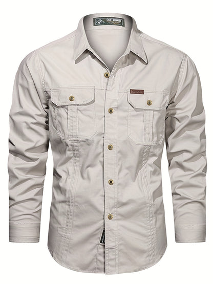 gbolsos  Trendy Men's Casual Long Sleeve Cargo Shirt With Pockets, Men's Shirt For Spring Autumn, Tops For Men