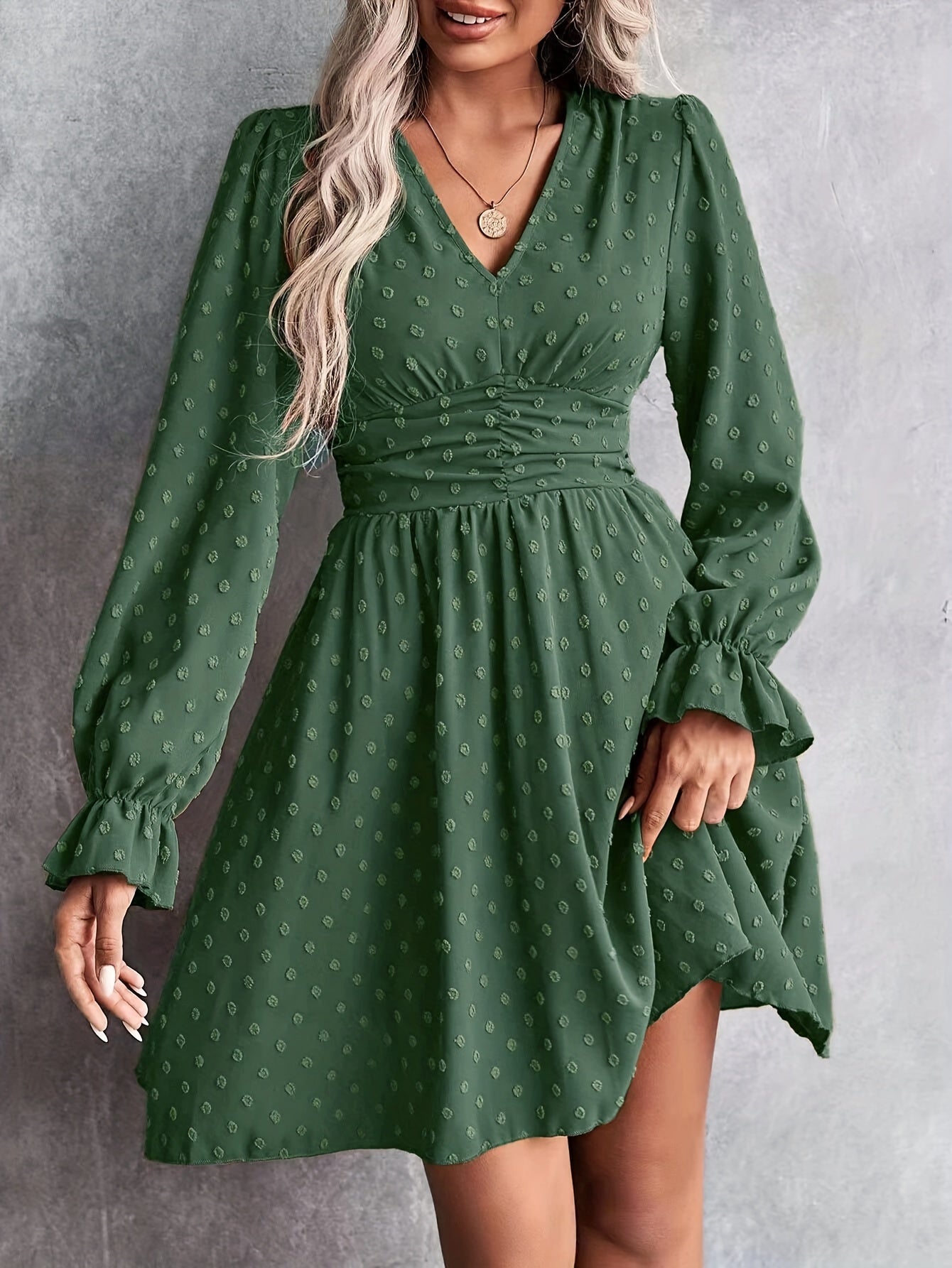 gbolsos  Swiss Dot Ruched Dress, Elegant V Neck Long Sleeve Solid Dress, Women's Clothing