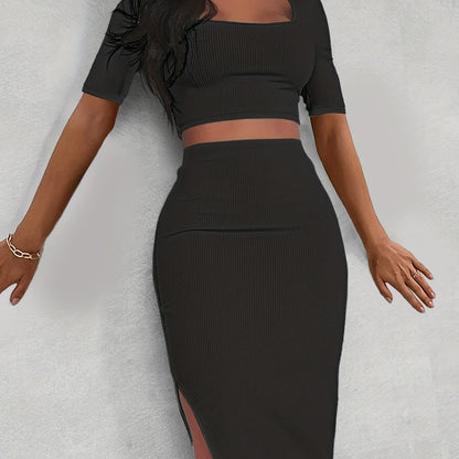 gbolsos  Sexy Matching Two-piece Skirt Set, Square Neck Crop Top & Split Bodycon Skirt Outfits, Women's Clothing