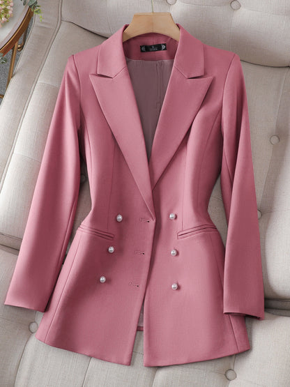 gbolsos Solid Lapel Beaded Button Blazer, Casual Long Sleeve Blazer For Office, Women's Clothing