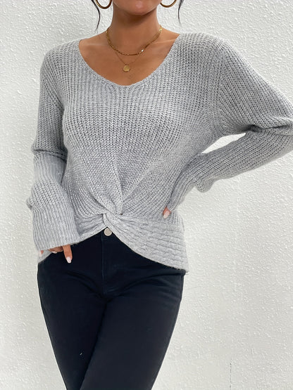 Twist Front V Neck Sweater, Casual Long Sleeve Sweater For Fall & Winter, Women's Clothing