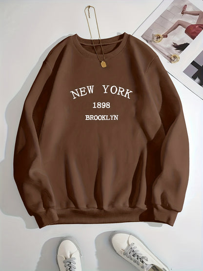 New York Brooklyn Print Loose Sweatshirt, Casual Long Sleeve Crew Neck Sweatshirt, Women's Clothing