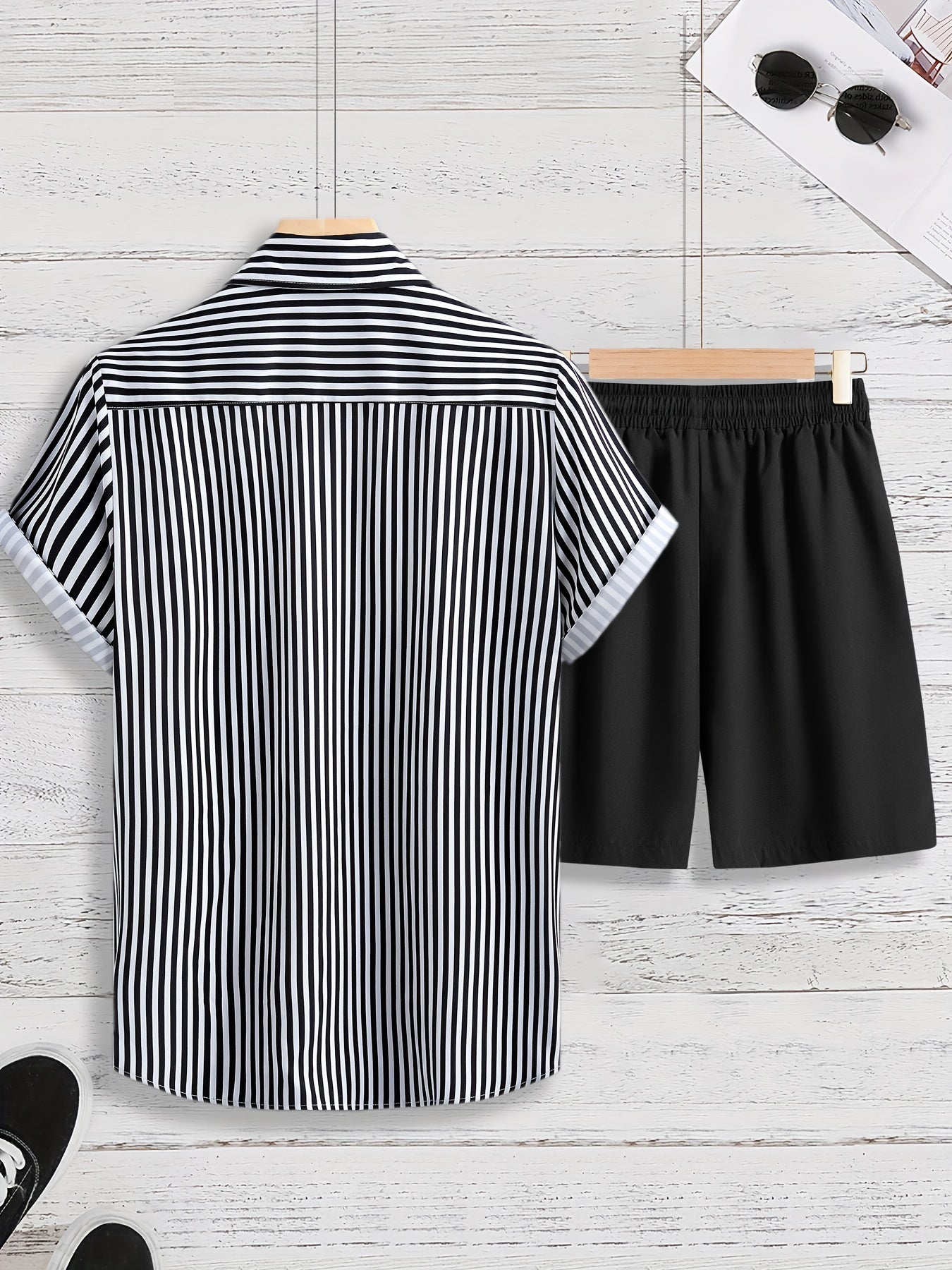 gbolsos  Men's Striped 2pcs, Short Sleeve Button Up Shirt And Drawstring Shorts Set