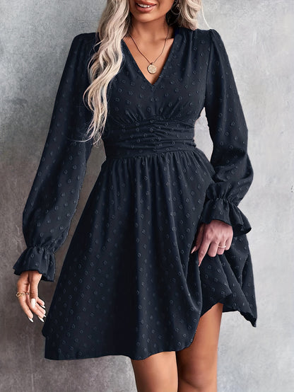 gbolsos  Swiss Dot V Neck Dress, Casual Cinched Waist Long Sleeve Dress, Women's Clothing