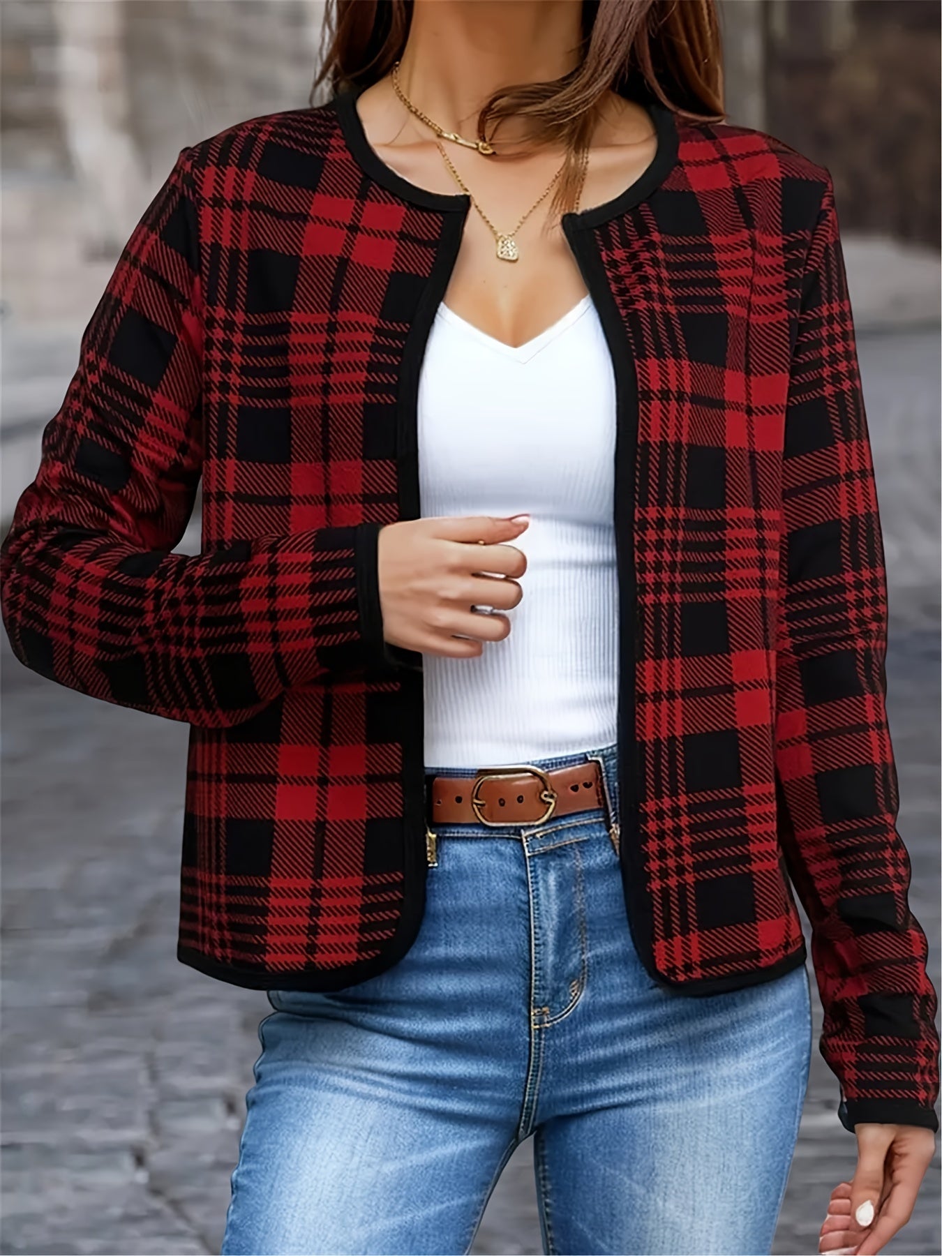gbolsos Houndstooth Print Jacket, Casual Open Front Crew Neck Long Sleeve Outerwear, Women's Clothing