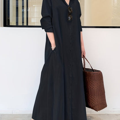 gbolsos  Button Front Kaftan Dress, Casual Solid Long Sleeve Maxi Dress, Women's Clothing