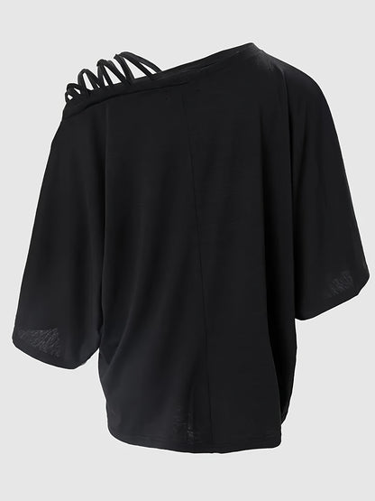 2025 gbolsos  Cold Shoulder Criss Cross T-Shirt, Casual Crew Neck Long Sleeve T-Shirt For Spring & Summer, Women's Clothing
