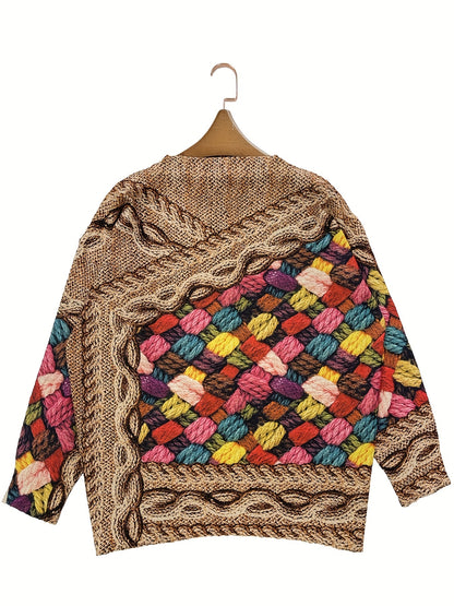 gbolsos  FULL PRINTED Thin Sweater, Casual Long Sleeve Sweater For Spring & Fall, Women's Clothing