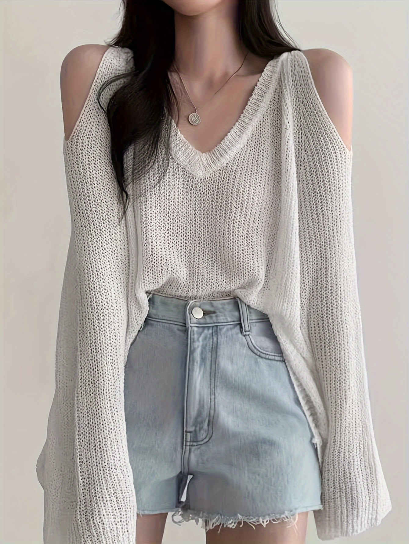 gbolsos Solid V Neck Thin Pullover Sweater, Casual Cold Shoulder Long Sleeve Loose Sweater, Women's Clothing