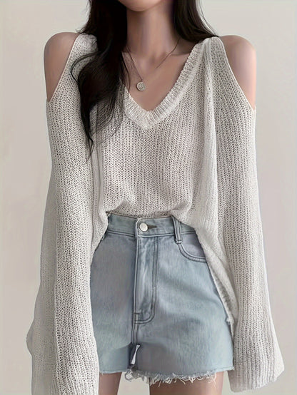 gbolsos Solid V Neck Thin Pullover Sweater, Casual Cold Shoulder Long Sleeve Loose Sweater, Women's Clothing