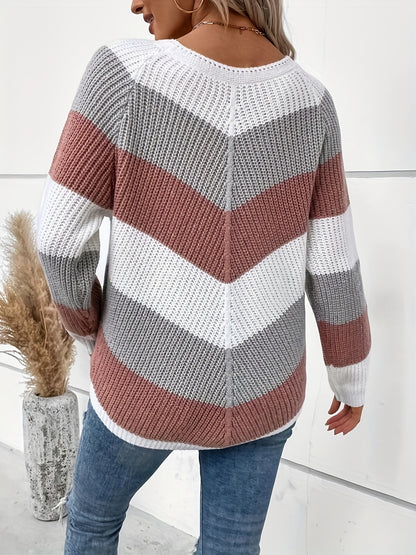 Color Block Crew Neck Sweater, Casual Long Sleeve Sweater For Fall & Winter, Women's Clothing