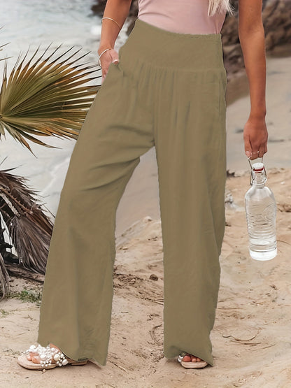 gbolsos  Plus Size Casual Pants, Women's Plus Plain Waist Band High Rise Elastic Ruched Wide Leg Pants With Pockets