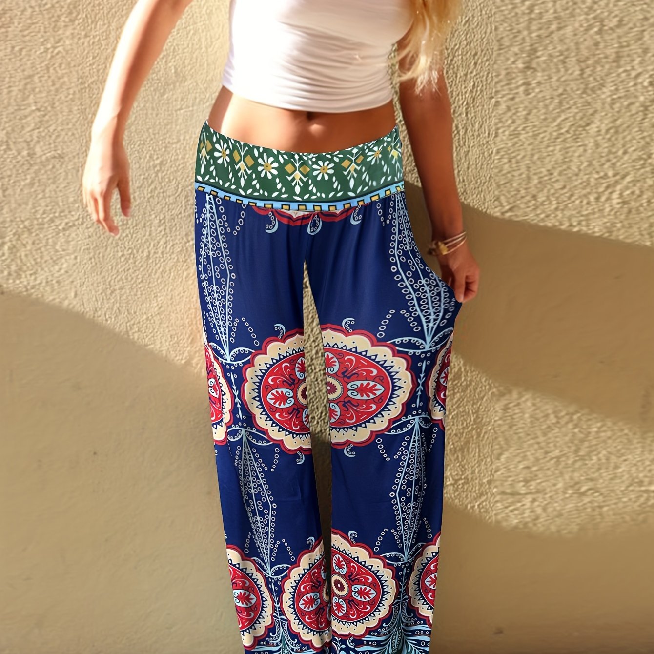 Floral Print Mid Waist Wide Leg Pants, Casual Beach Loose Summer Pants, Women's Clothing