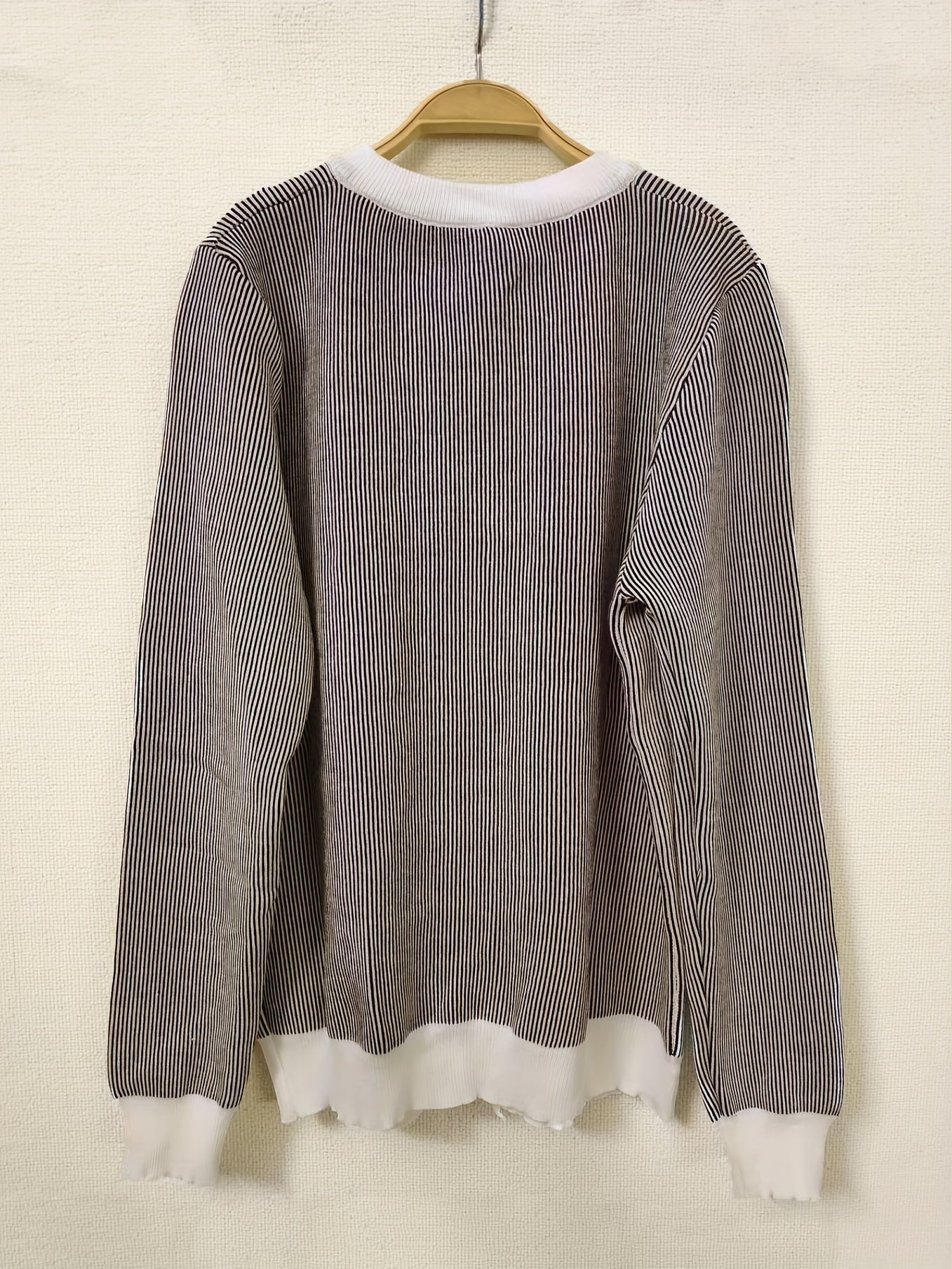 gbolsos Striped Button Up Knit Cardigan, Vintage Long Sleeve Crew Neck Sweater With Pocket, Women's Clothing