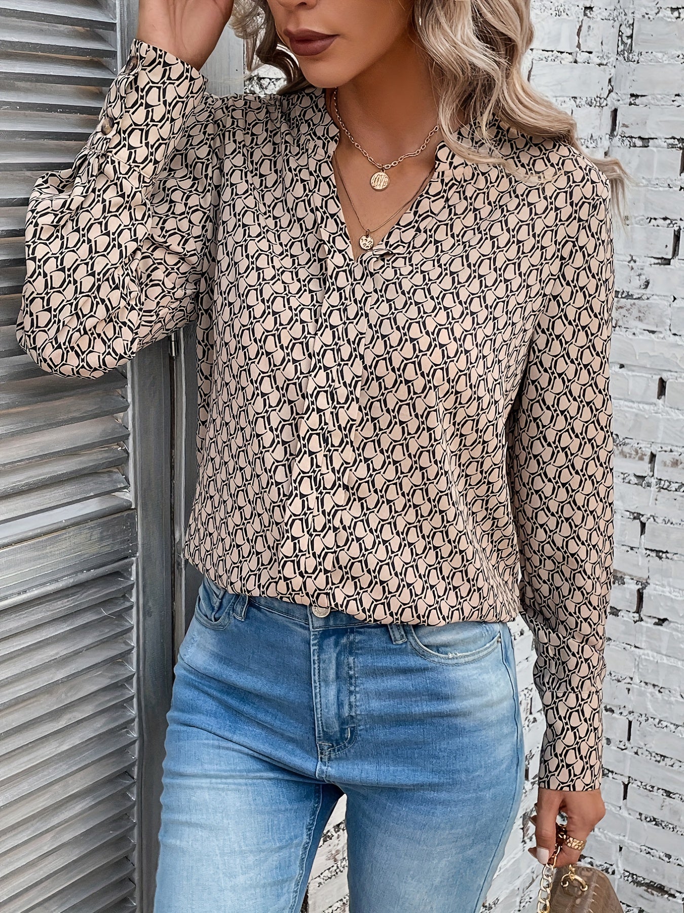 gbolsos  Allover Print Notched Neck Blouse, Casual Long Sleeve Blouse For Spring & Fall, Women's Clothing