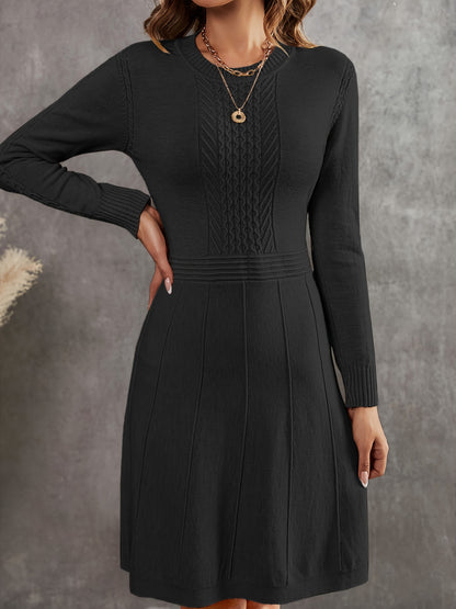 Textured Tucked Knitted Dress, Casual Crew Neck Long Sleeve Dress For Fall & Winter, Women's Clothing