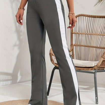 Striped Print Pants, Casual Color Block Split High Waist Wide Leg Pants, Women's Clothing