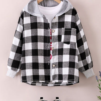 gbolsos  Boys Fashion Plaid Hooded Jacket, Long Sleeve Button Down Hooded Jacket, Kids Clothing
