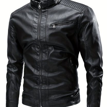 gbolsos  Vintage PU Leather Jacket, Men's Casual Zip Up Stand Collar Faux Leather Jacket For Spring Fall Outdoor