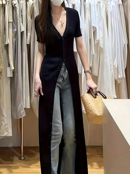 gbolsos  Button Front V Neck Short Sleeve Dress, Sexy Split Maxi Slim Dress, Women's Clothing